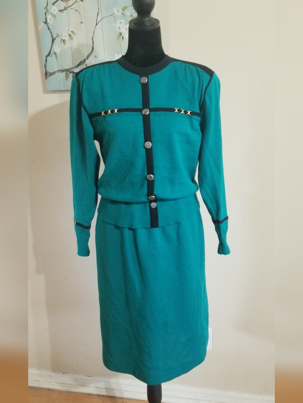 Teal 100% Pure Wool Knit Dress with Black Trim and Gold Buttons